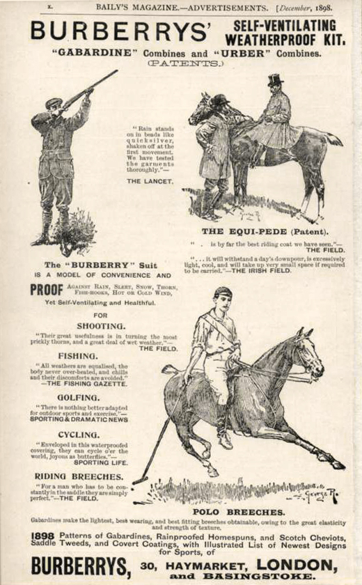 1898年のバーバリー広告。射撃・釣り・ゴルフ・自転車・乗馬向けの防水装備として宣伝されている