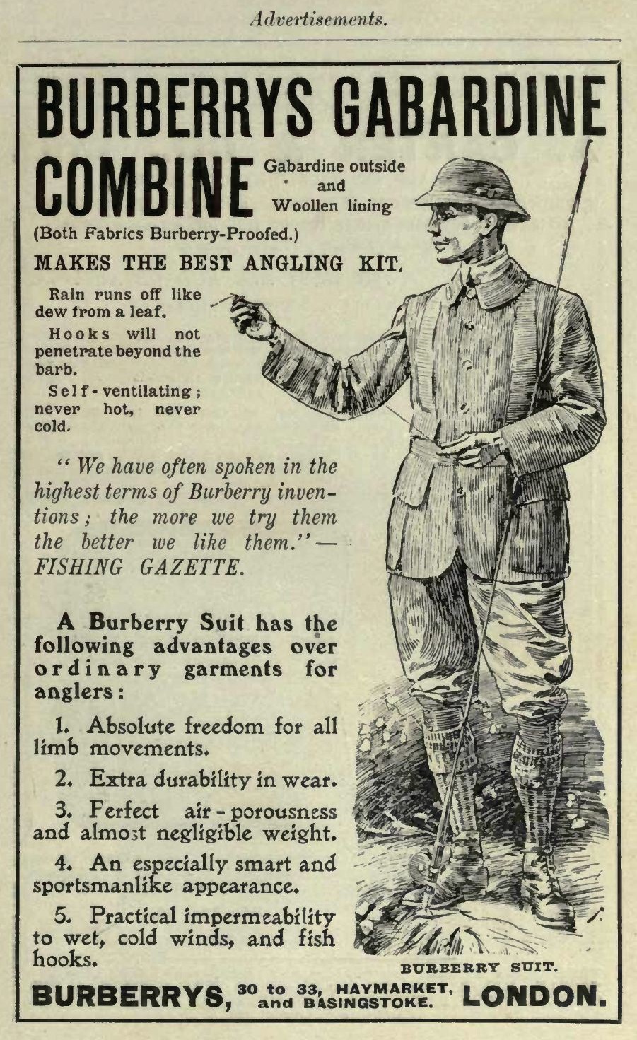 1908年のバーバリー広告。ギャバジン製の釣り用スーツ